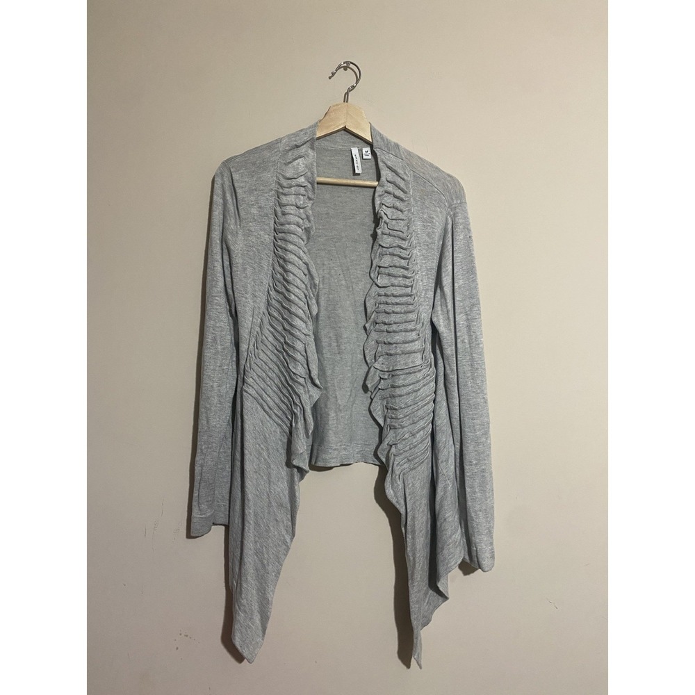 Beatrix Ost Light Gray Long Cardigan Sweater Sleeves Ruffled Front Size Med